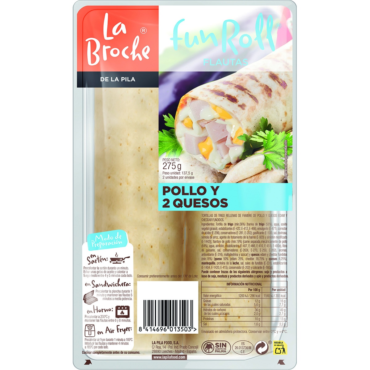 Fun Roll flautas de pollo y 2 quesos 2 unidades envase 275 g