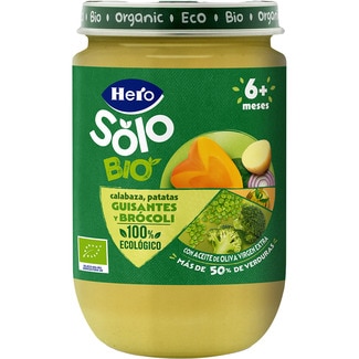 tarrito de calabaza, patata, guisantes y brócoli ecológico y sin gluten desde 6 meses envase 190 g - Hero Solo