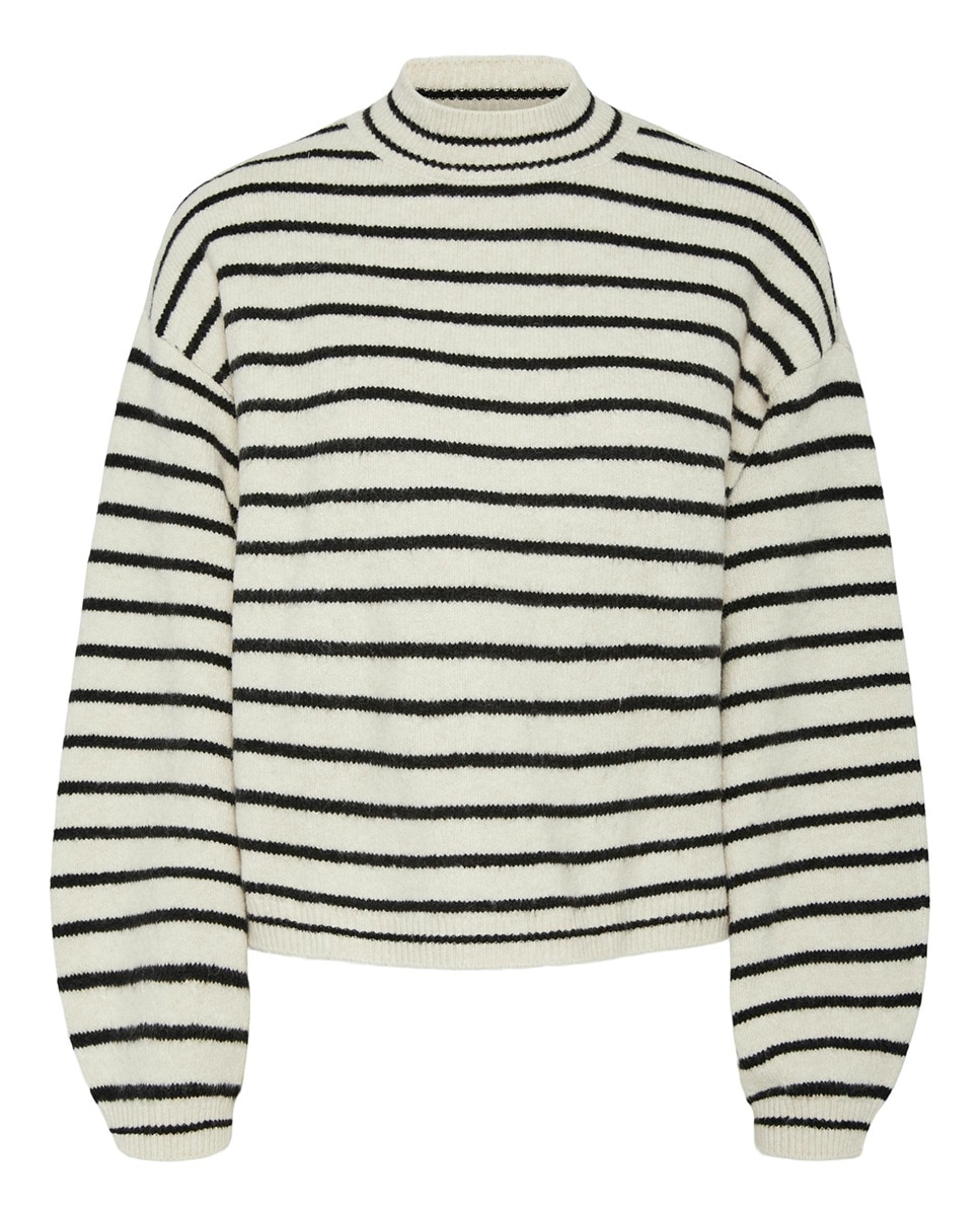 Camisola de Malha às Riscas com Gola Fechada Preto-5