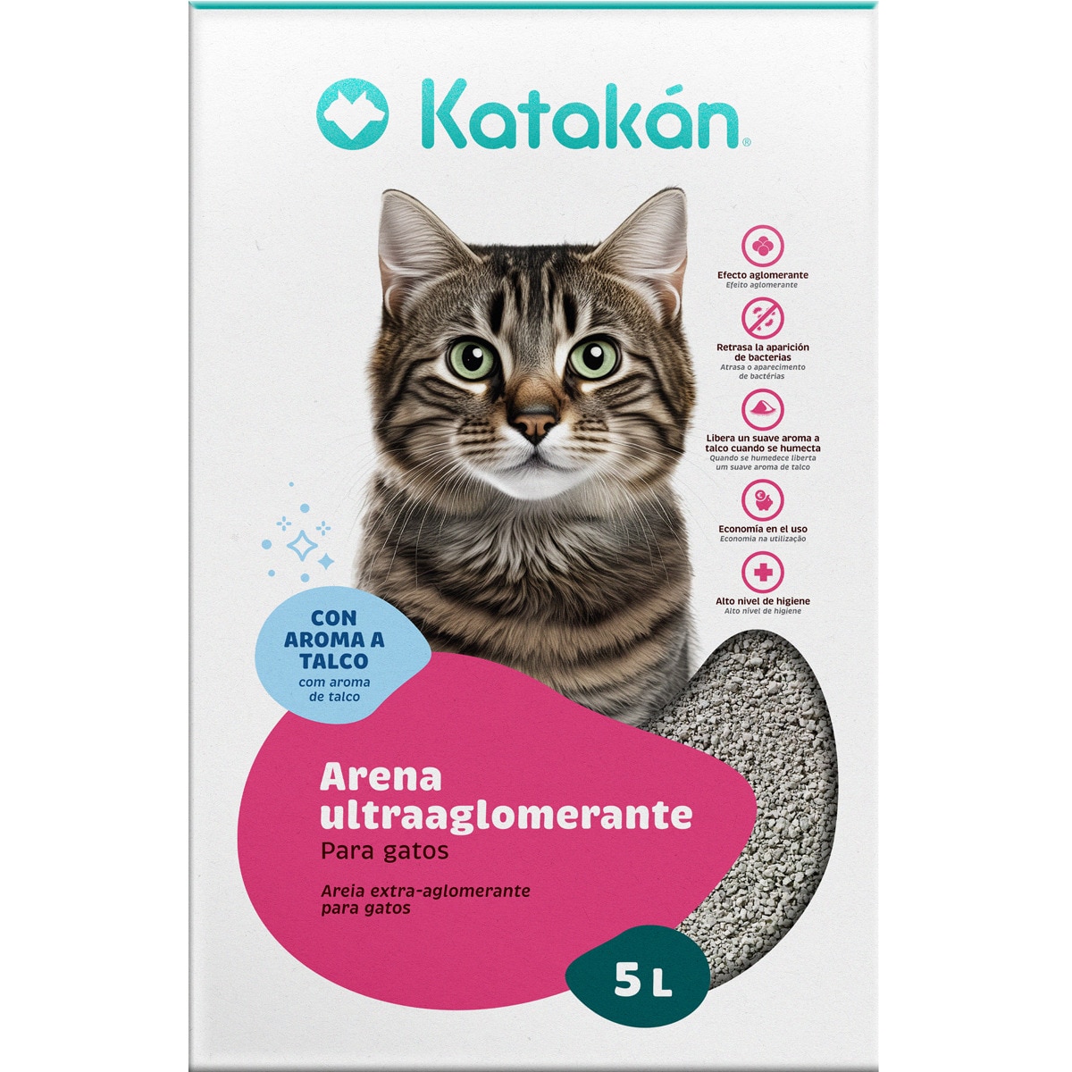 Areia para Gatos Ultra-Aglomerante Antibacteriano com Perfume Talco embalagem 5 L