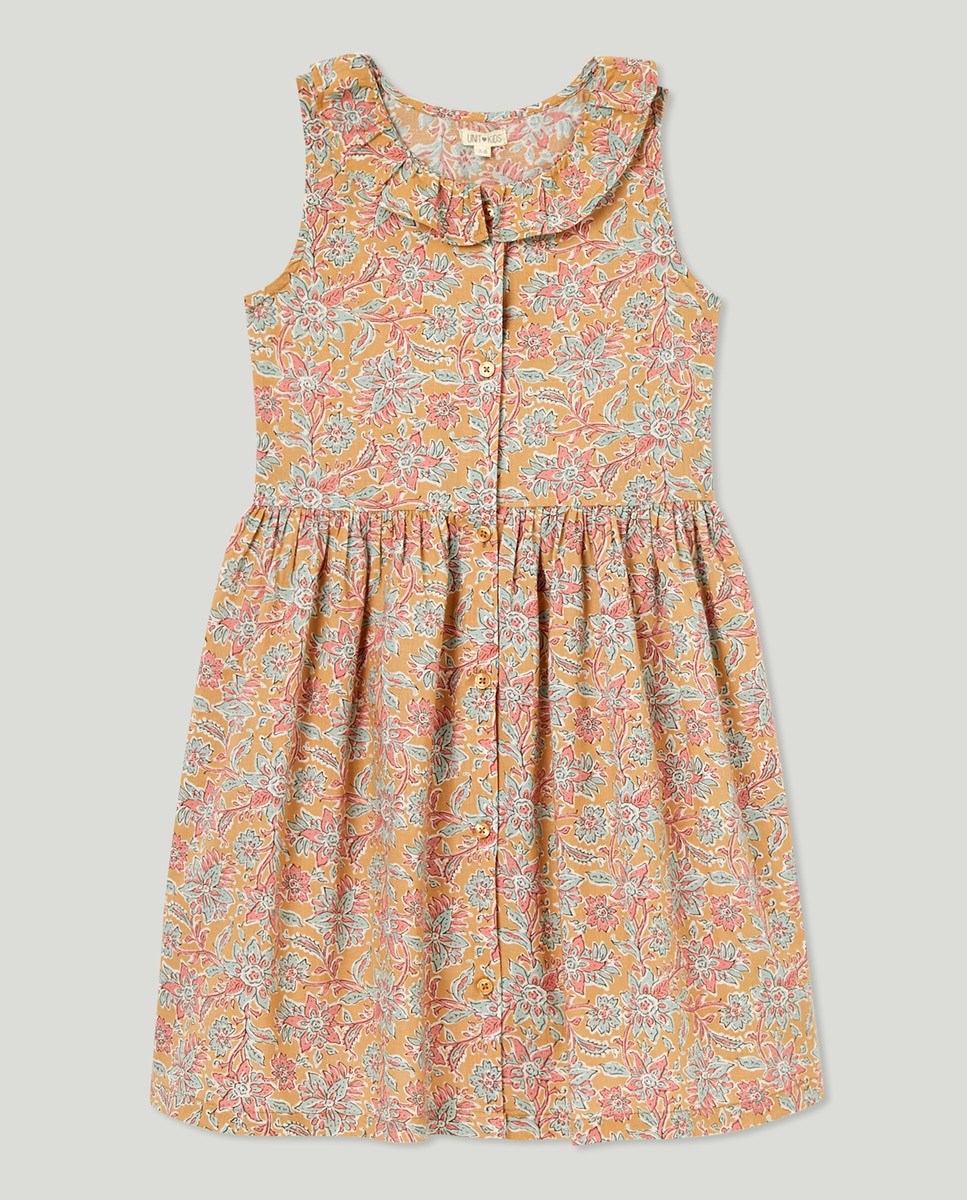 Vestido niña estampado con botones Mostaza-1