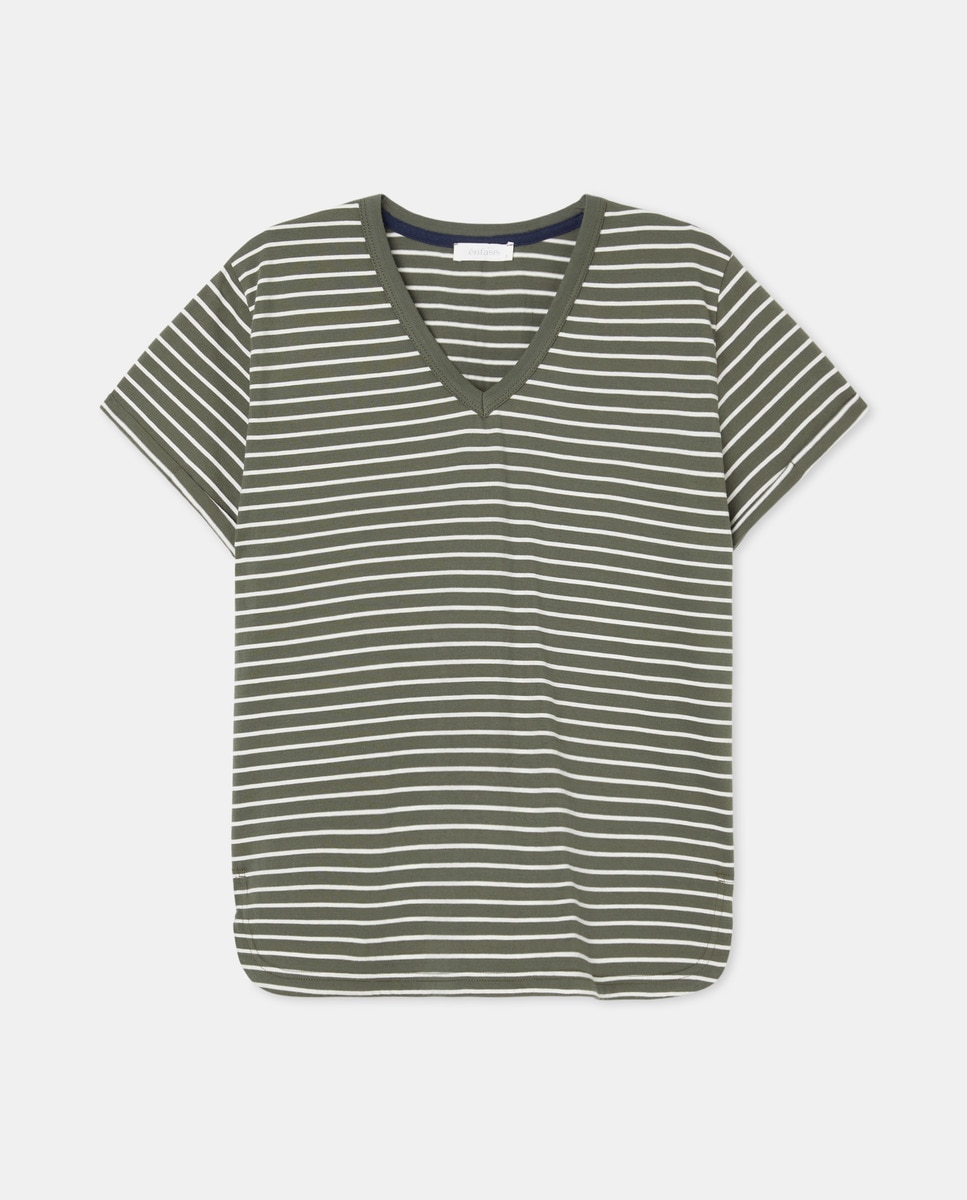 T-shirt com decote em bico às riscas Verde-4