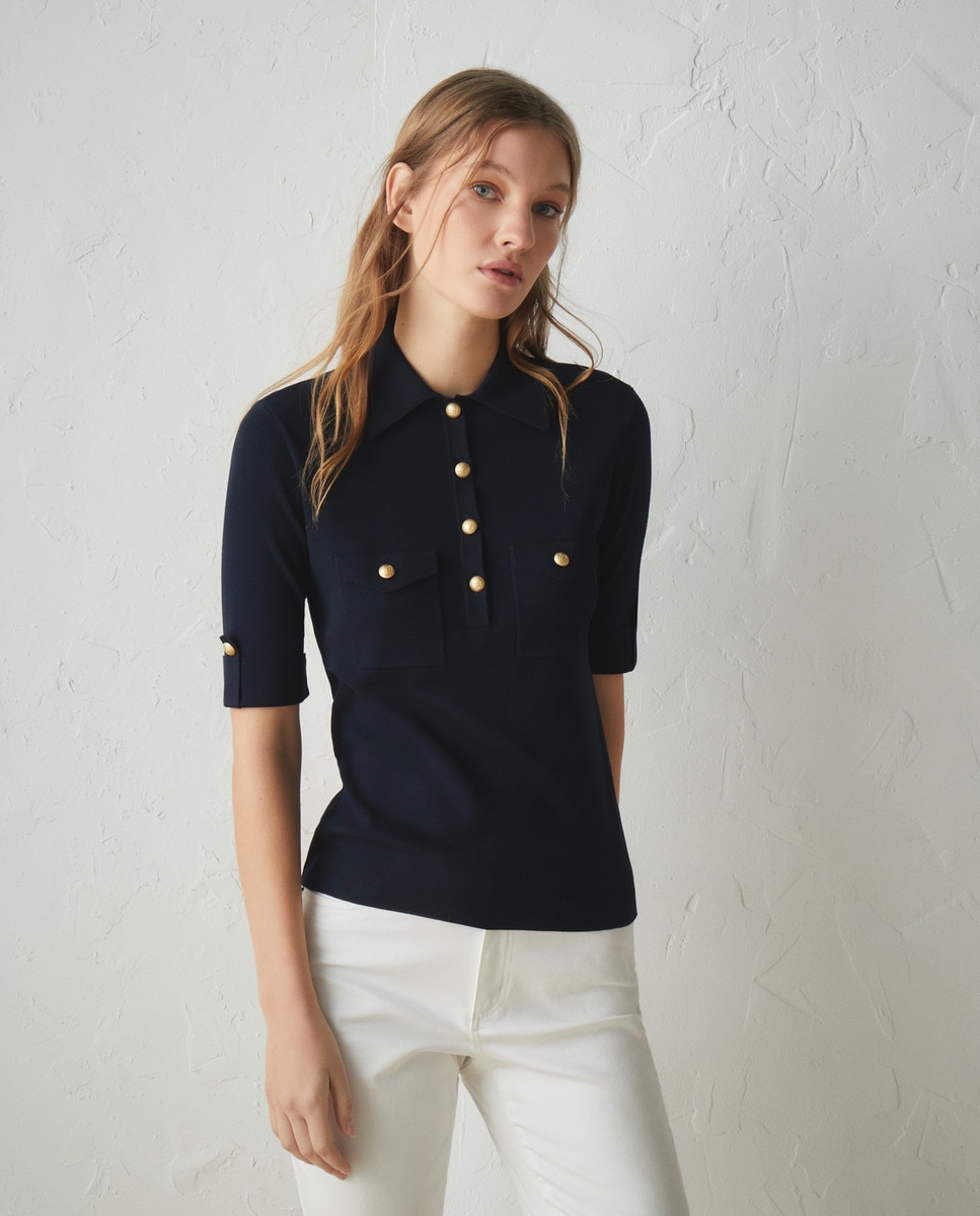 Camisola de Malha com Colarinho de Polo e Manga Curta Azul-marinho-1