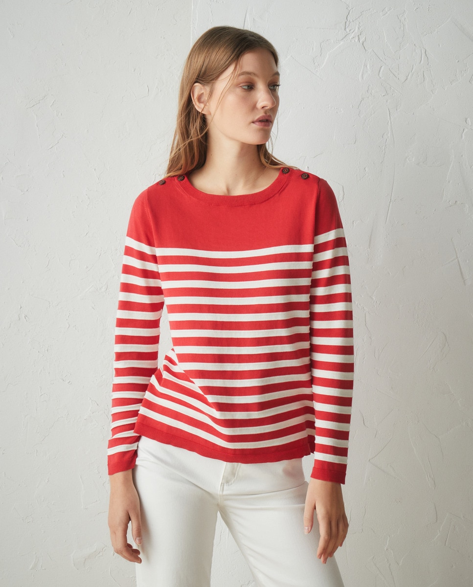 Camisola de Malha com Manga Comprida e Decote à Barco Vermelho-1