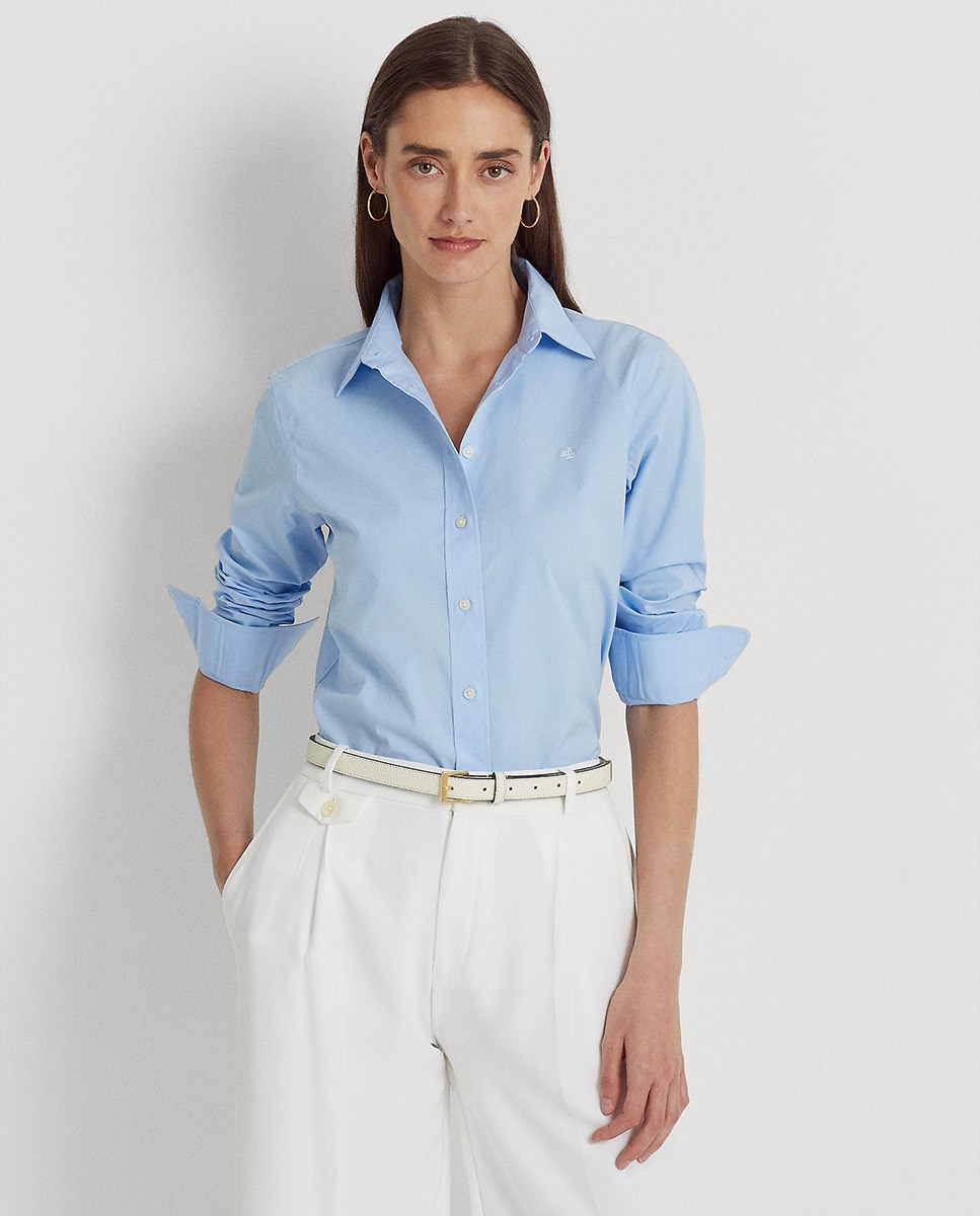 Camisa branca de mulher Lauren Ralph Lauren de manga comprida Azul-claro-1
