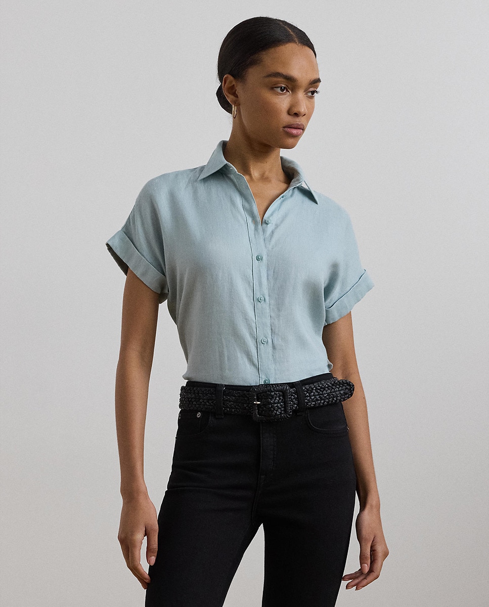 Camisa com Manga Curta e em Linho Azul-claro-1