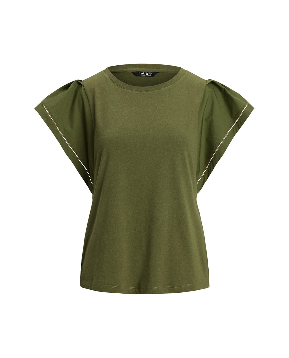 T-shirt de Algodão com Mangas com Folho Verde-5
