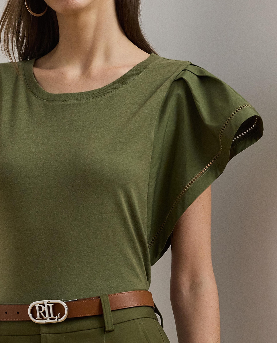 T-shirt de Algodão com Mangas com Folho Verde-4