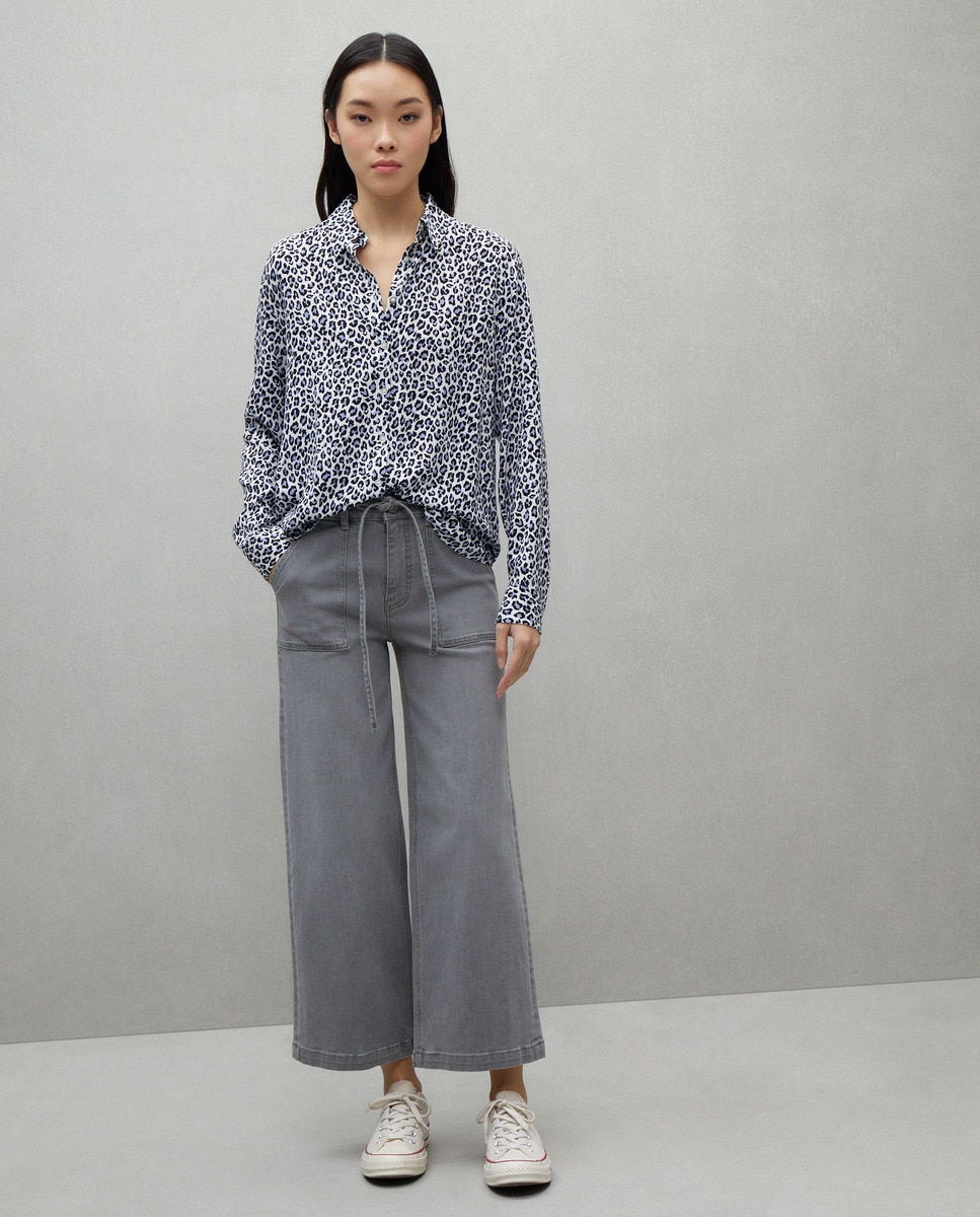 Jeans Cropped Cullote com Cinto Cinzento-1