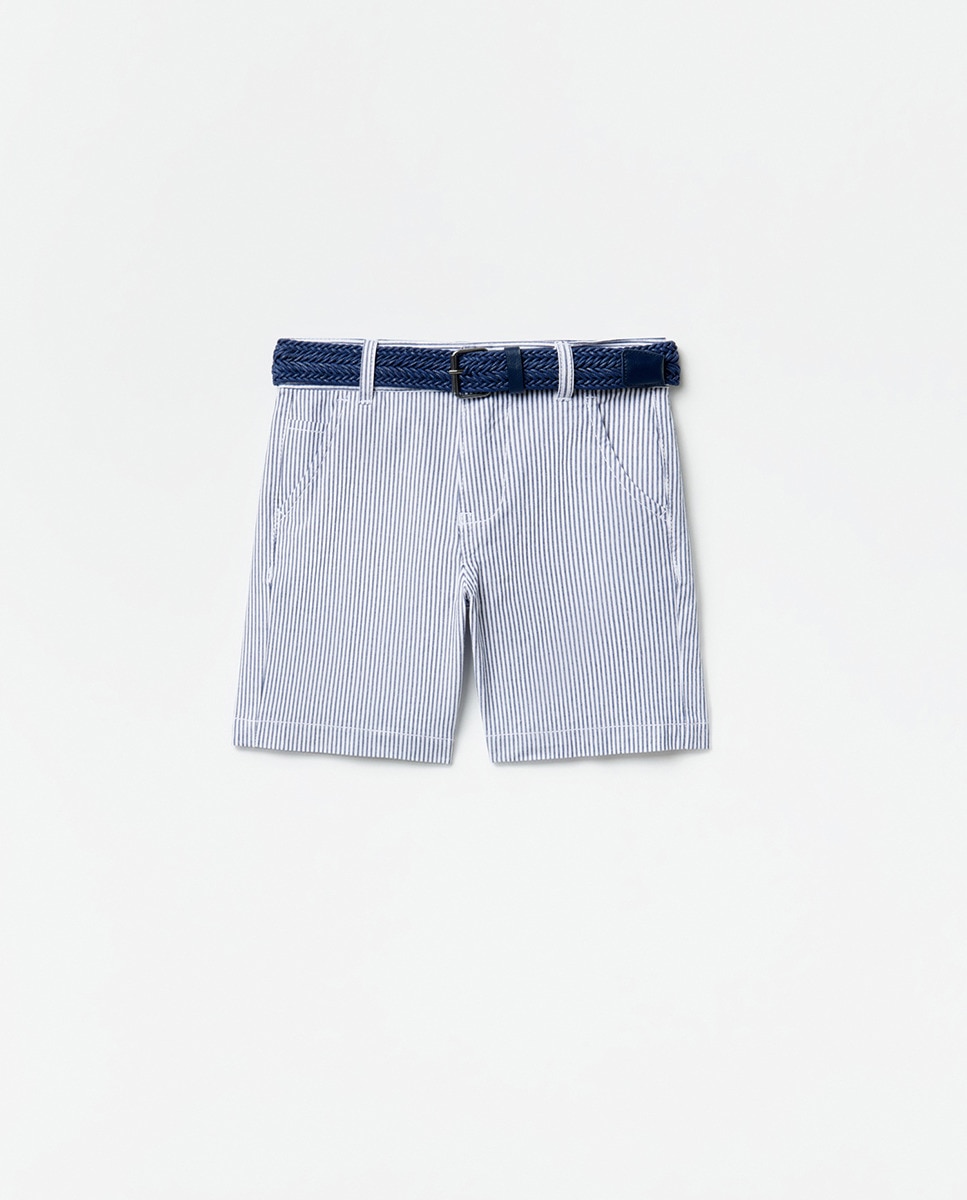 Bermudas com Cinto às Riscas Azul-marinho-5