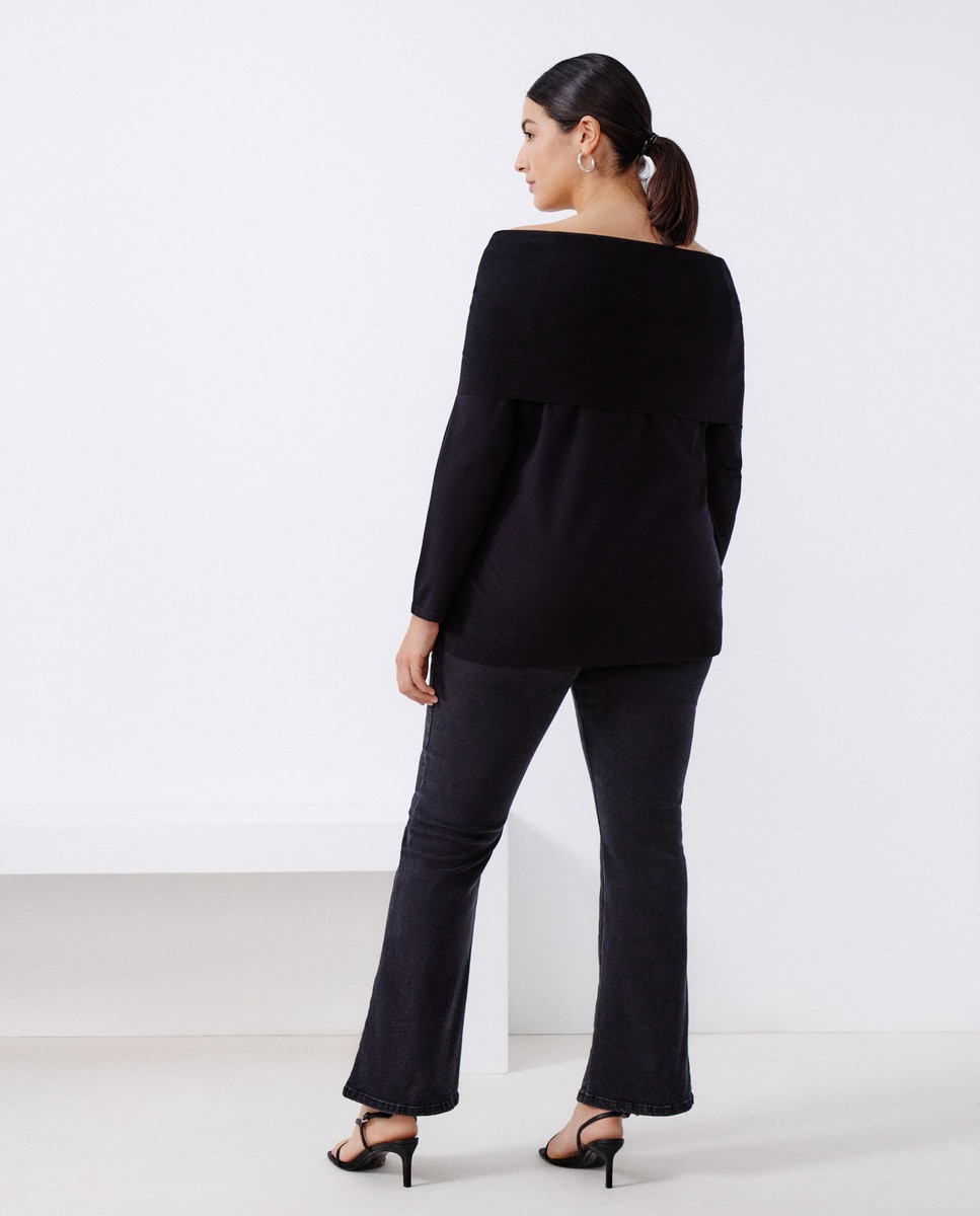 Camisola de Malha com Gola Caída Preto-6