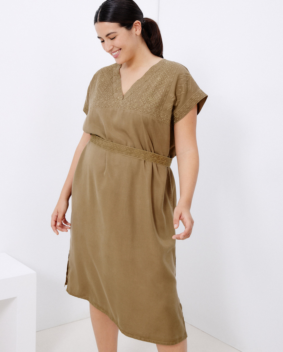 Vestido Tipo Túnica de Lyocell com Bordado 520 Caqui-6