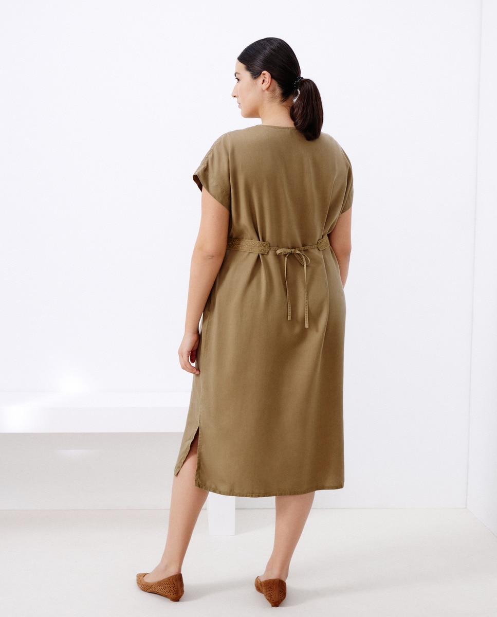 Vestido Tipo Túnica de Lyocell com Bordado 520 Caqui-3