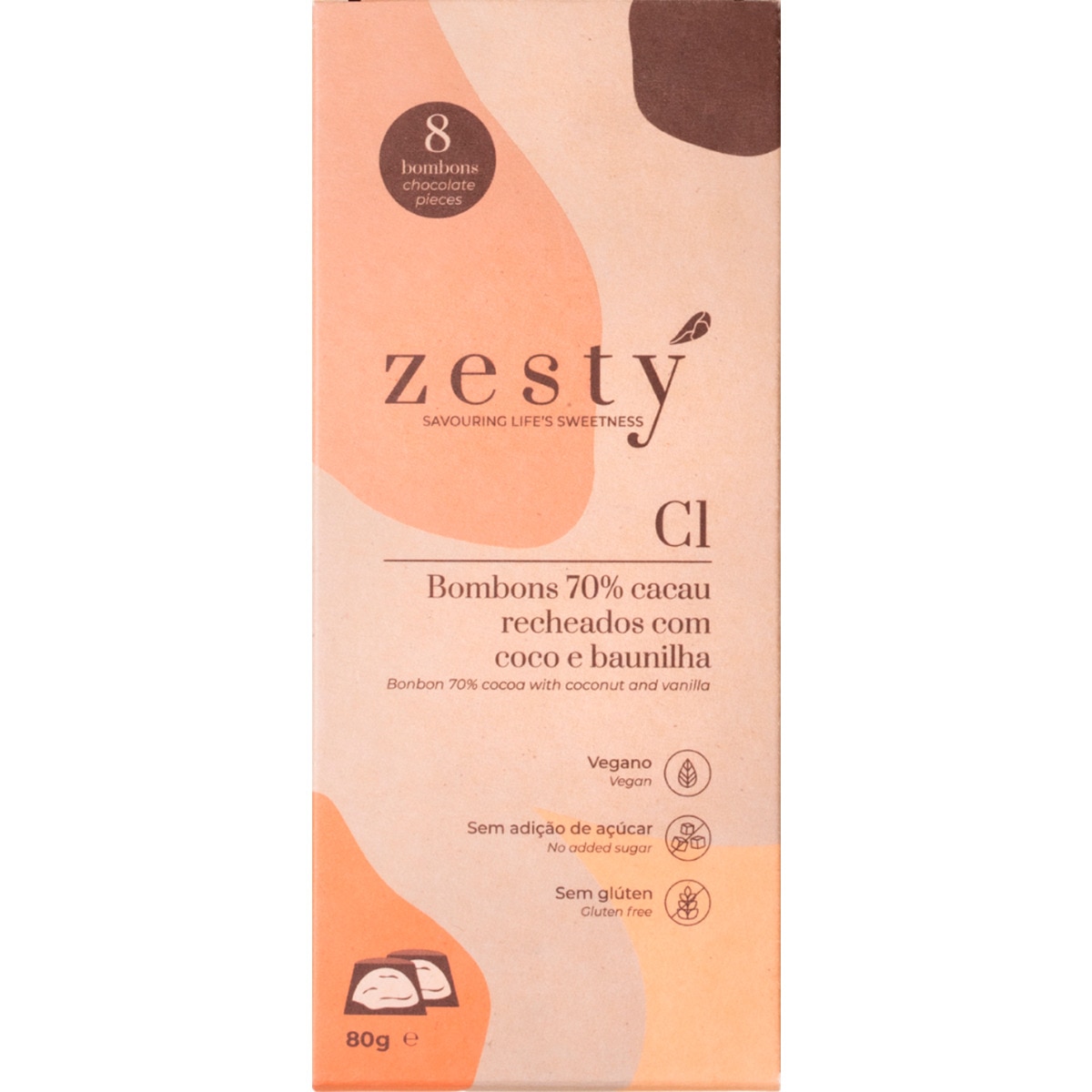 Bombons 70% Cacau com Creme de Coco e Baunilha embalagem 80 g