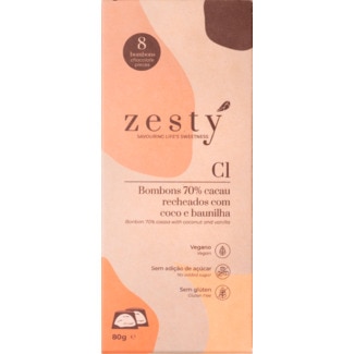 Bombons 70% Cacau com Creme de Coco e Baunilha embalagem 80 g - Zesty