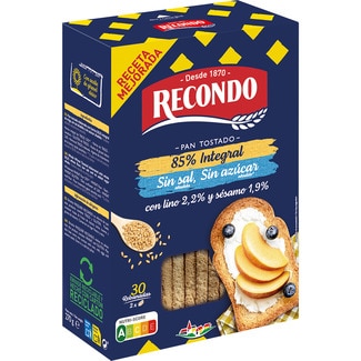 pan tostado 85% integral sin sal y sin azúcar 30 rebanadas paquete 270 g - Recondo