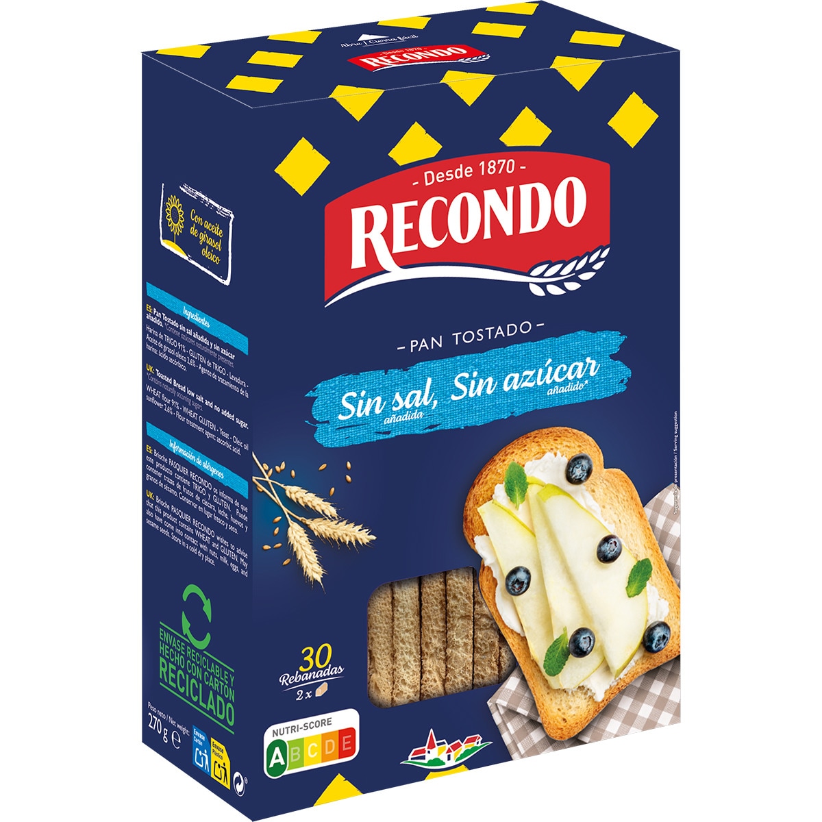 pan tostado sin sal y sin azúcar 30 rebanadas paquete 270 g