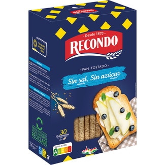 pan tostado sin sal y sin azúcar 30 rebanadas paquete 270 g - Recondo