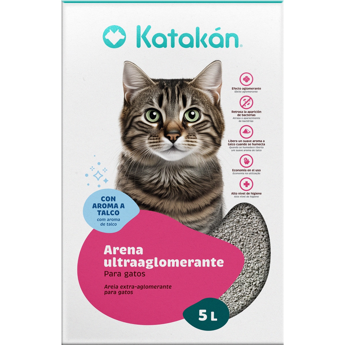 arena para gatos ultra aglomerante antibacteriana con perfume a talco envase 5 l