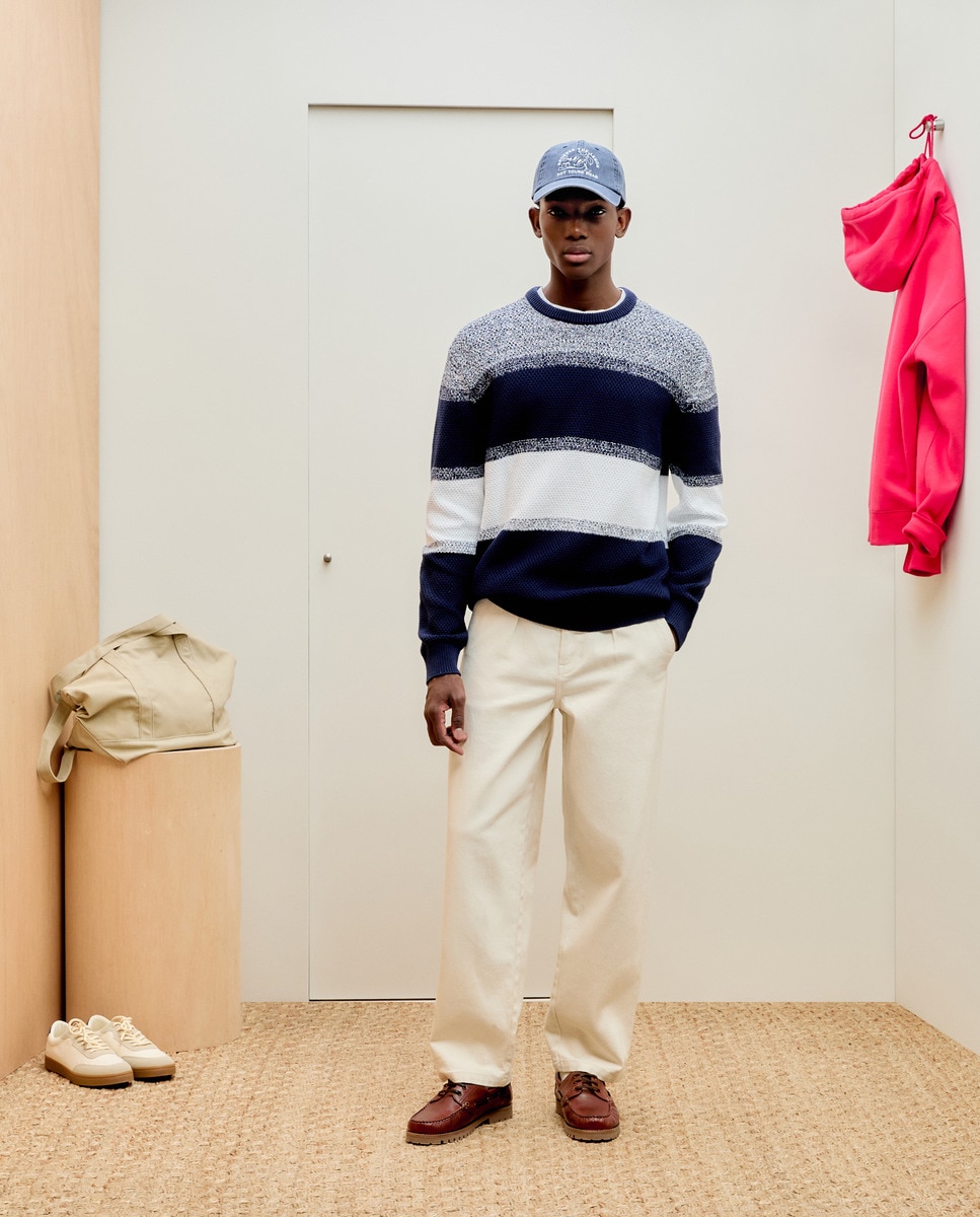 Camisola de Malha com Color Block em Fios Azul-1