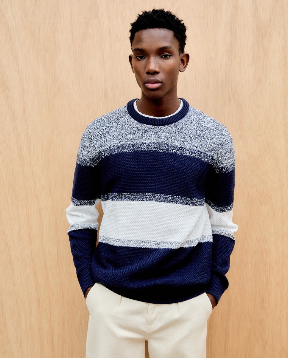 Camisola de Malha com Color Block em Fios Azul-3