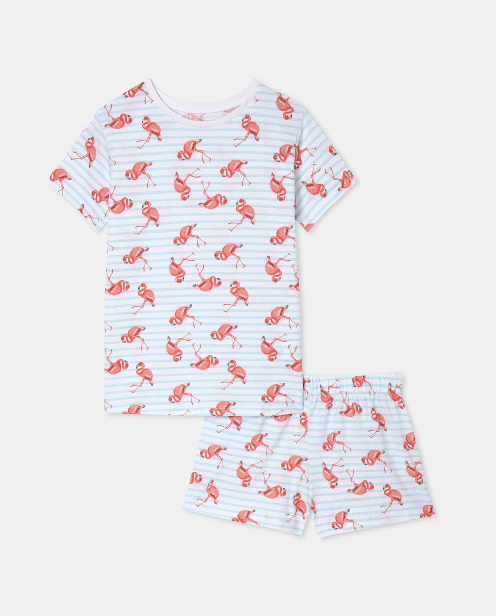 Pijama Curto com Flamingos Azul-3