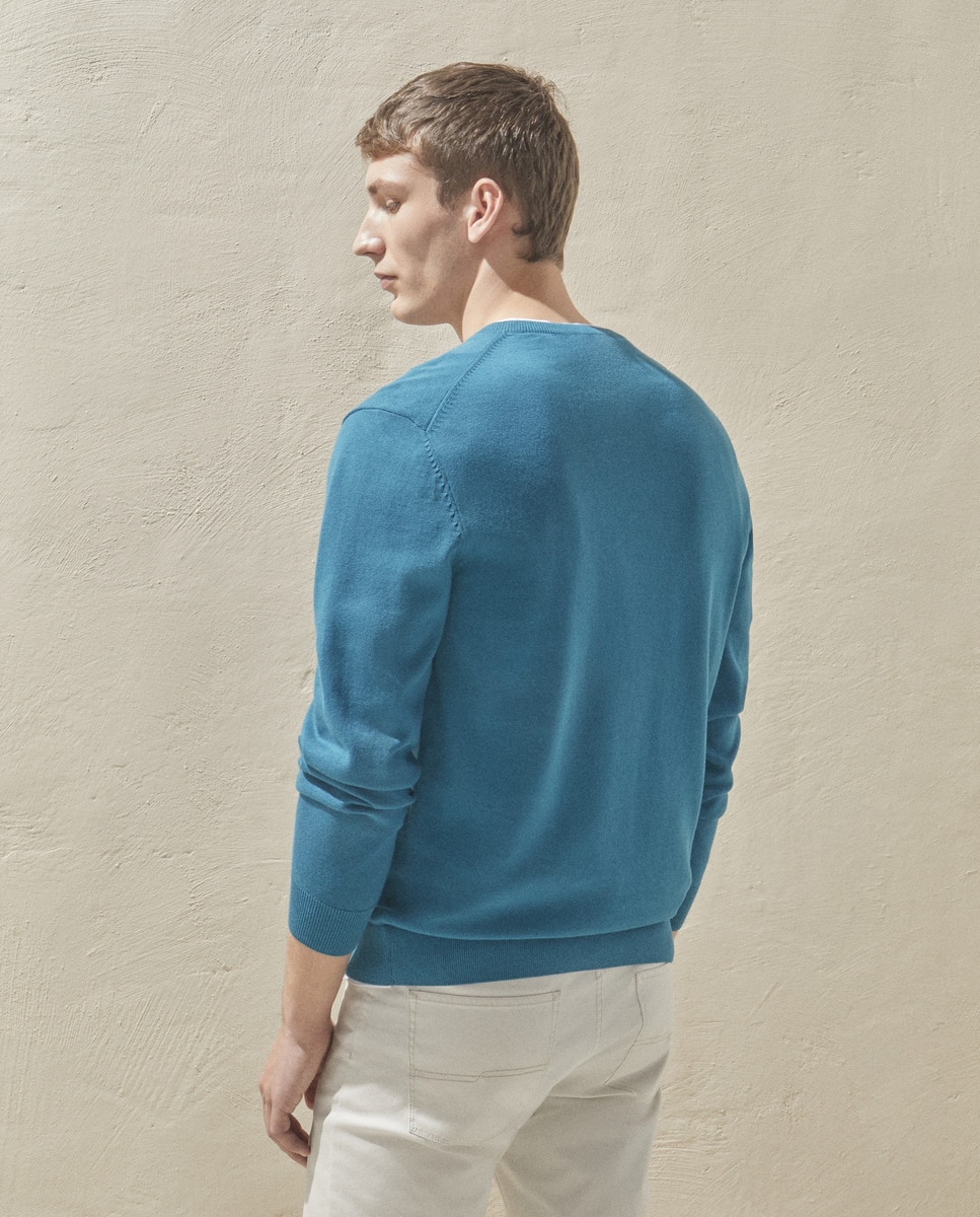 Camisola de Algodão com Decote em Bico Azul-6