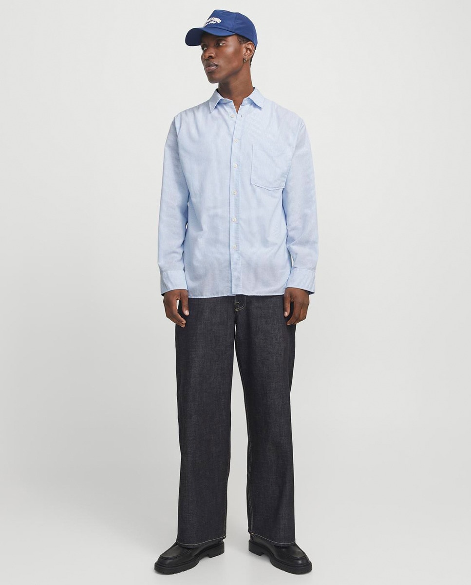 Camisa Lisa de Manga Comprida com Fecho Abotoado Azul-7
