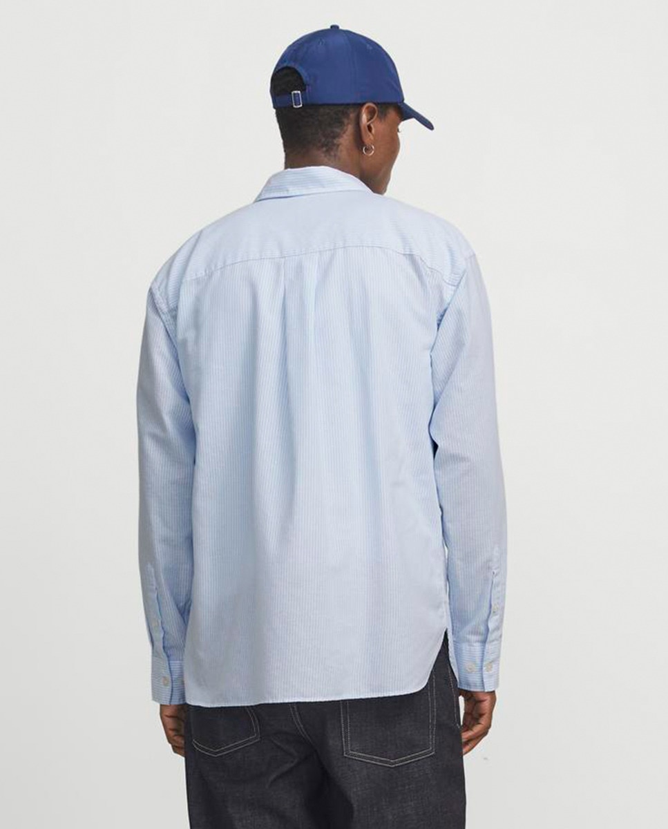 Camisa Lisa de Manga Comprida com Fecho Abotoado Azul-2