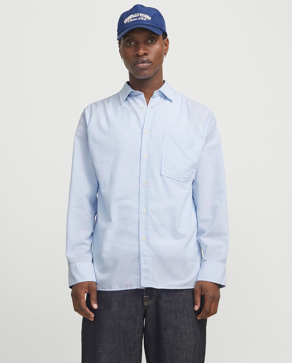 Camisa Lisa de Manga Comprida com Fecho Abotoado Azul-1
