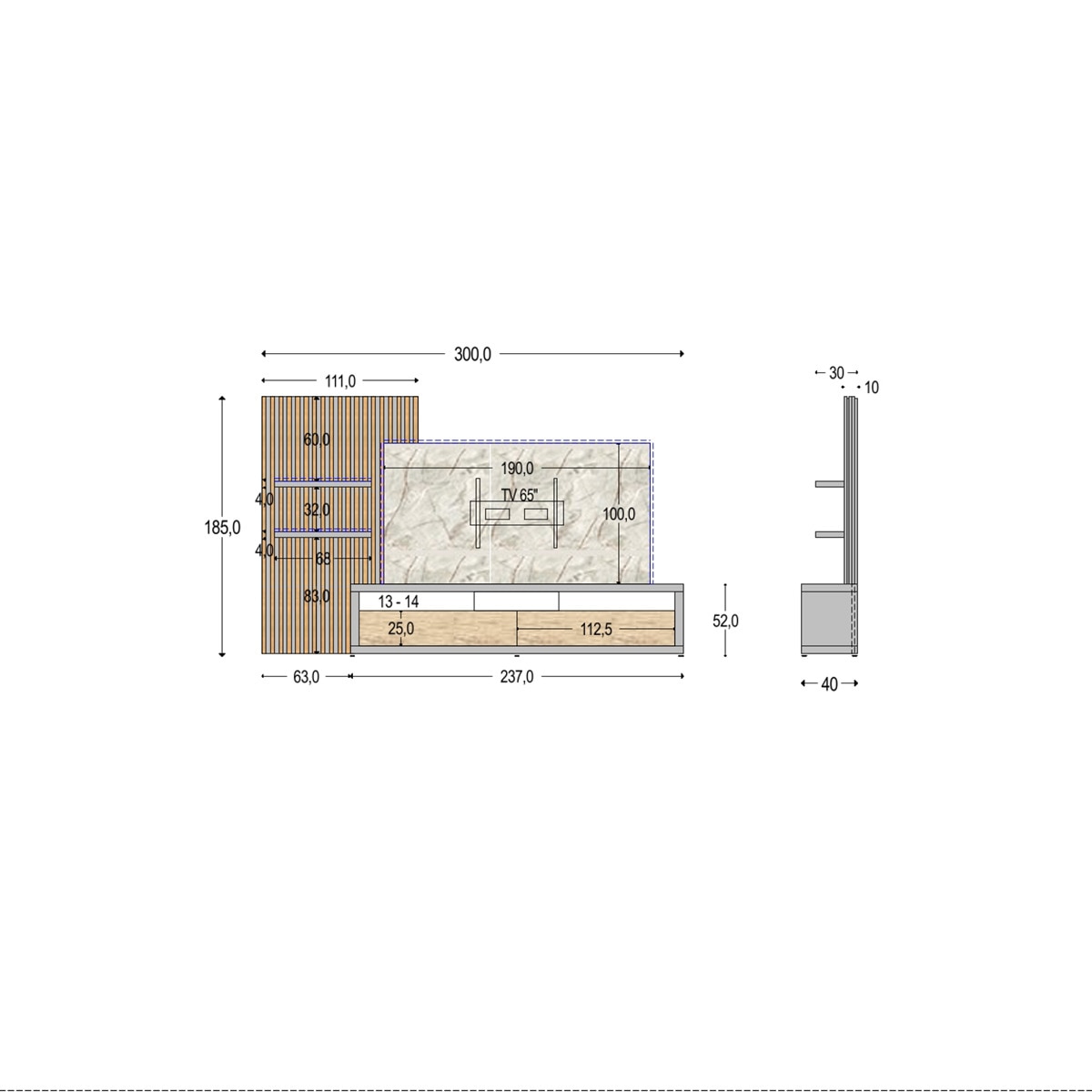 Móvel de Sala 300 cm com Painel Qubic New 2.0 Cinzento/Madeira-2