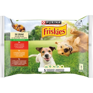 comida húmeda para perros con buey, zanahorias, pollo, guisantes,cordero y judías verdes 4 bolsas 85 g - Friskies