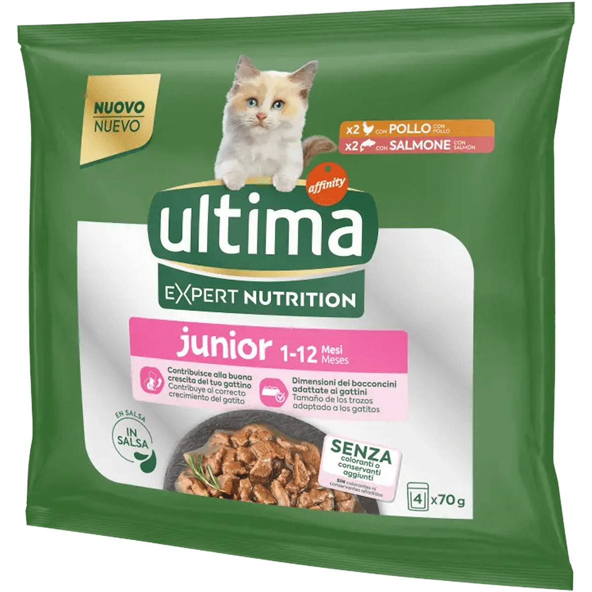Expert Nutrition comida humeda para gatos junior 1 a 12 meses 4 envases 70 g (2 pollo + 2 salmón)