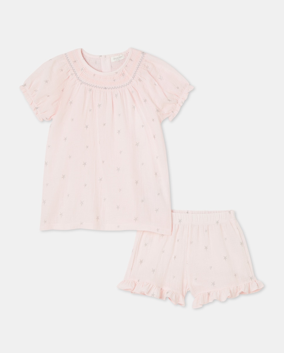 Pijama Curto Smock com Estampado Combinado Rosa-3