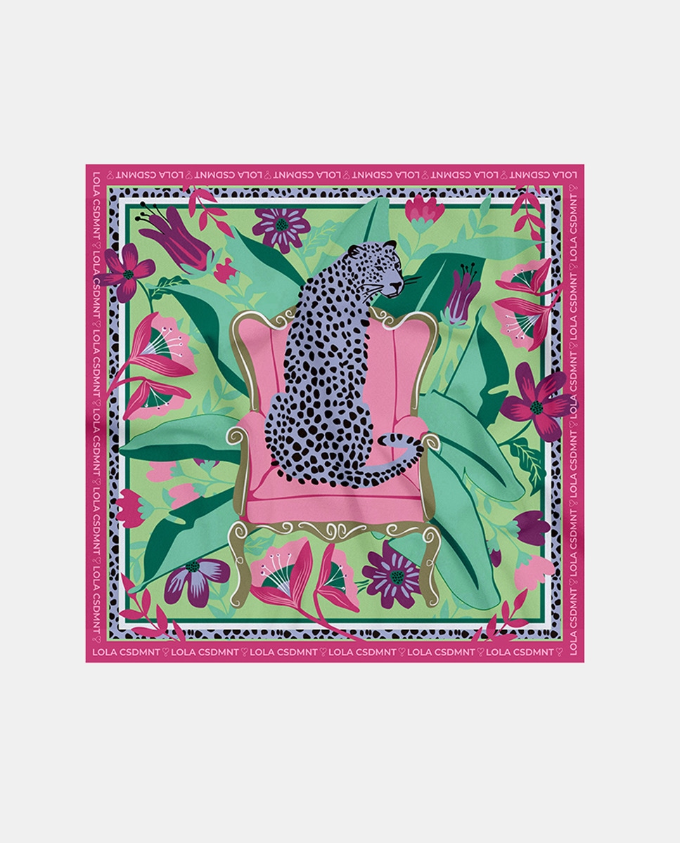 Lenço Acetinado com Leopardo Sentado Verde-1