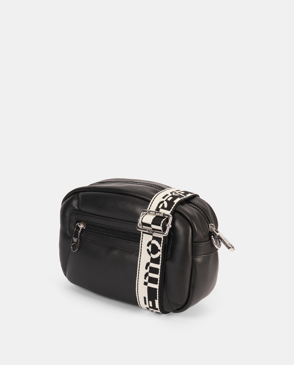 Mala a Tiracolo com Artigo Muito Agradável ao Tacto, com Pespontos à Frente, Fecho de Correr e Alça de Nylon Bicolor Ajustável Preto-2