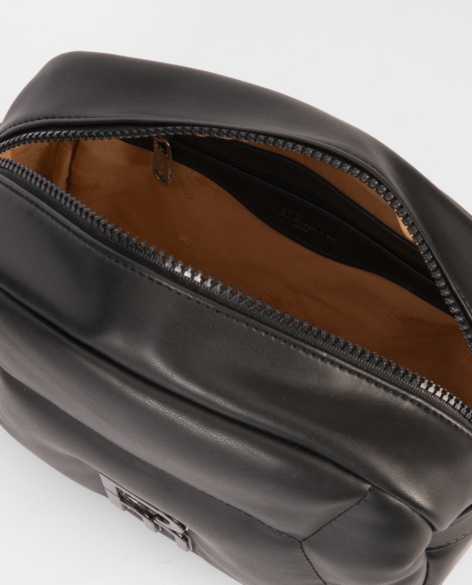 Mala a Tiracolo com Artigo Muito Agradável ao Tacto, com Pespontos à Frente, Fecho de Correr e Alça de Nylon Bicolor Ajustável Preto-4