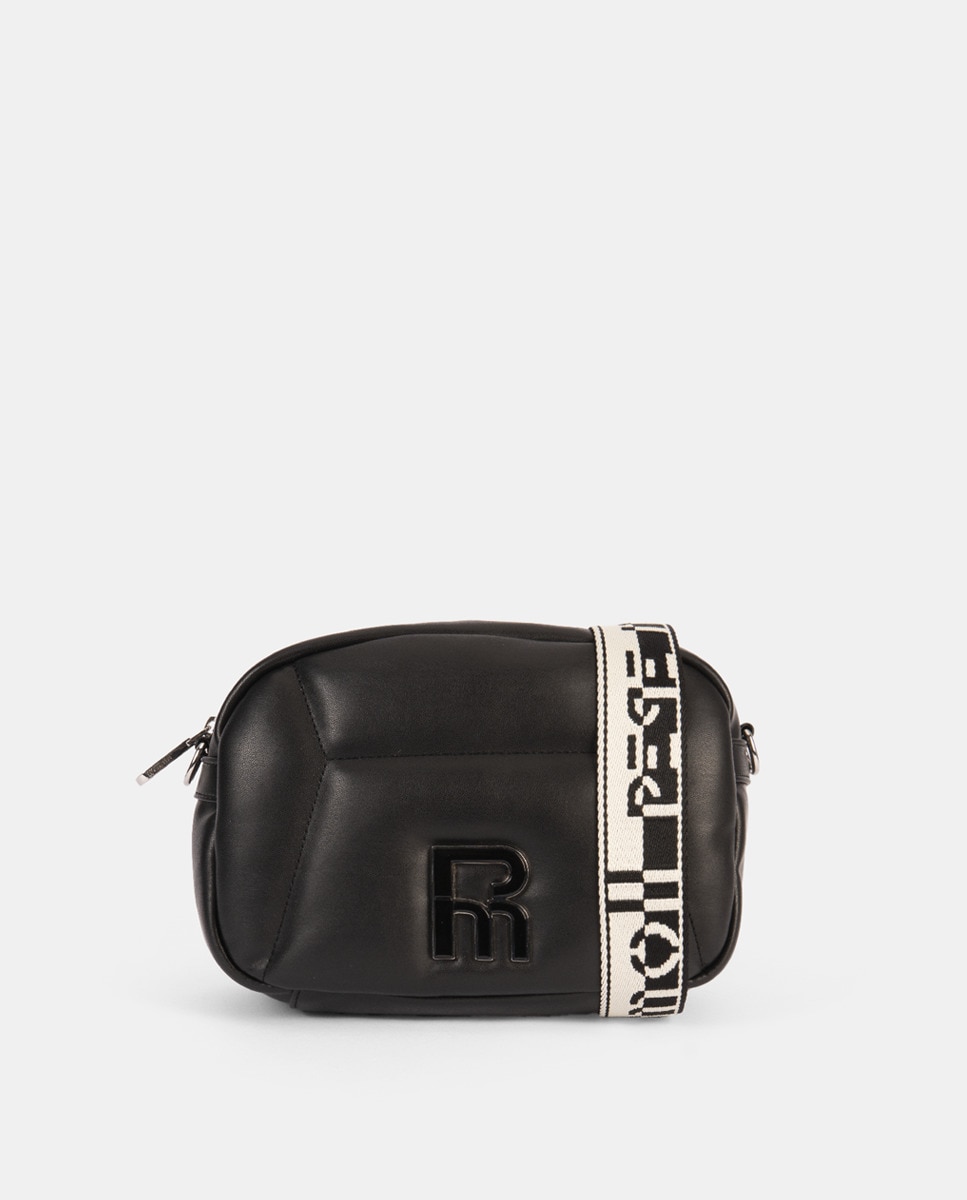 Mala a Tiracolo com Artigo Muito Agradável ao Tacto, com Pespontos à Frente, Fecho de Correr e Alça de Nylon Bicolor Ajustável Preto-1