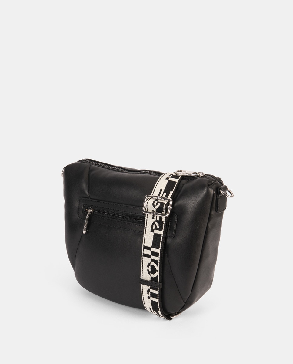 Mala a Tiracolo com Artigo Muito Agradável ao Tacto, com Pespontos à Frente, Fecho de Correr e Alça de Nylon Bicolor Ajustável Preto-2