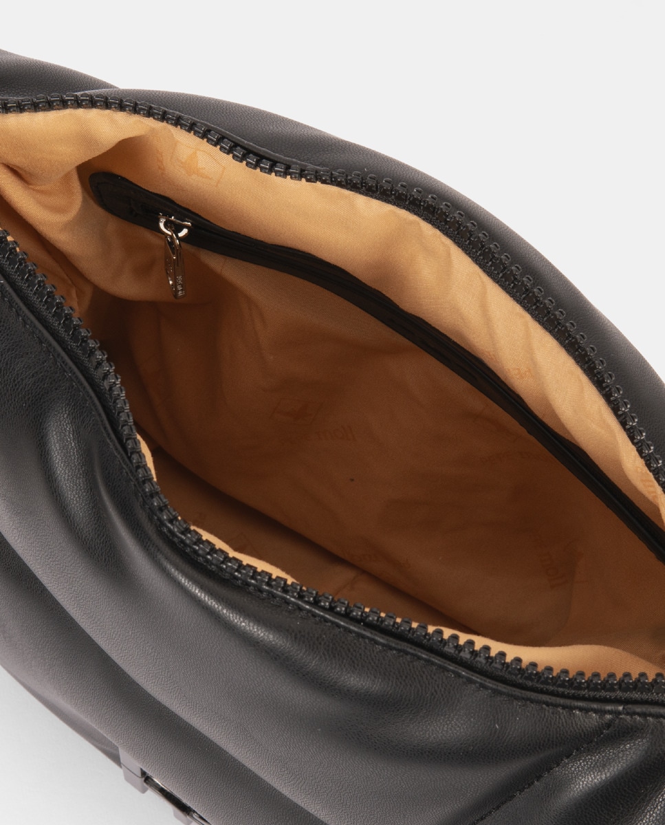 Mala a Tiracolo com Artigo Muito Agradável ao Tacto, com Pespontos à Frente, Fecho de Correr e Alça de Nylon Bicolor Ajustável Preto-4
