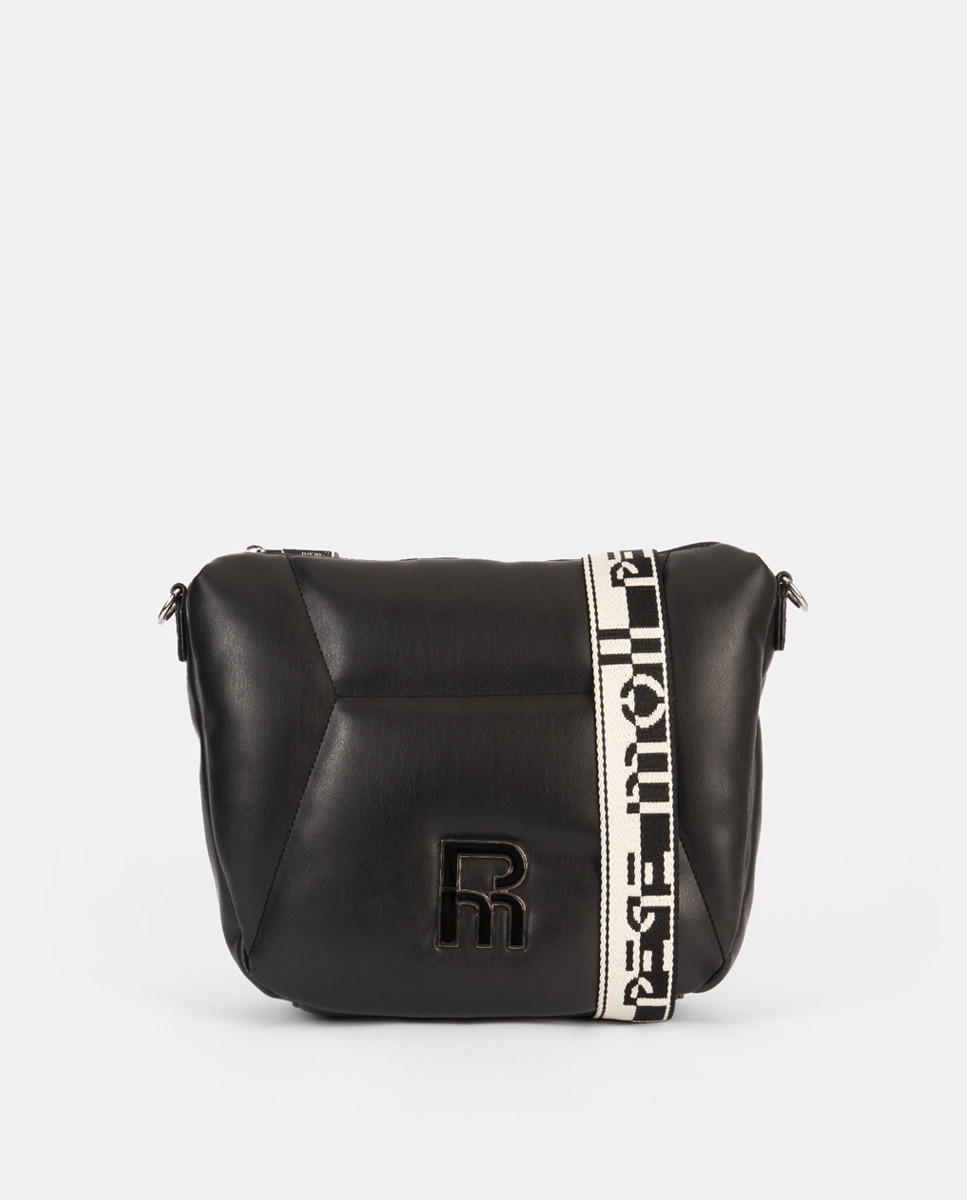 Mala a Tiracolo com Artigo Muito Agradável ao Tacto, com Pespontos à Frente, Fecho de Correr e Alça de Nylon Bicolor Ajustável Preto-1