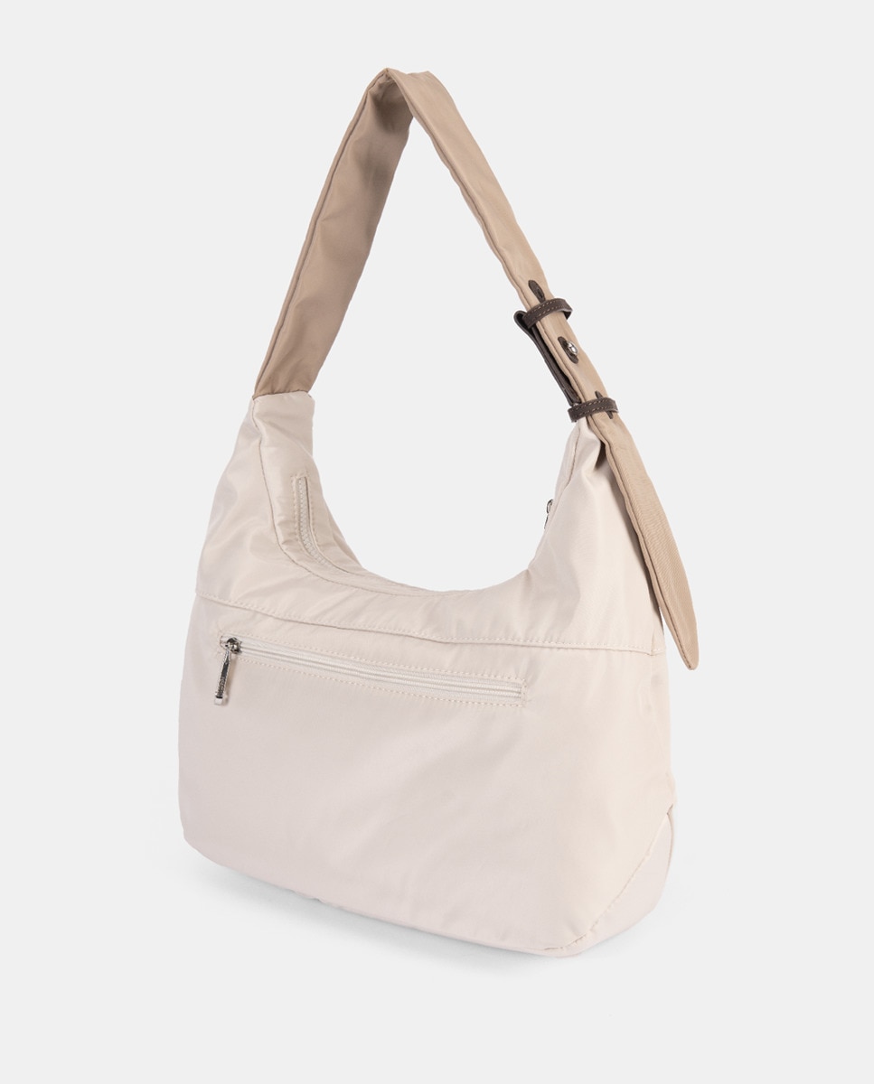 Mala Gôndola de Nylon Bicolor com Fecho de Correr e Alça Ajustável. Mala Pequena Fixa à Frente e Amovível para Usar de Forma Individual Bege-2