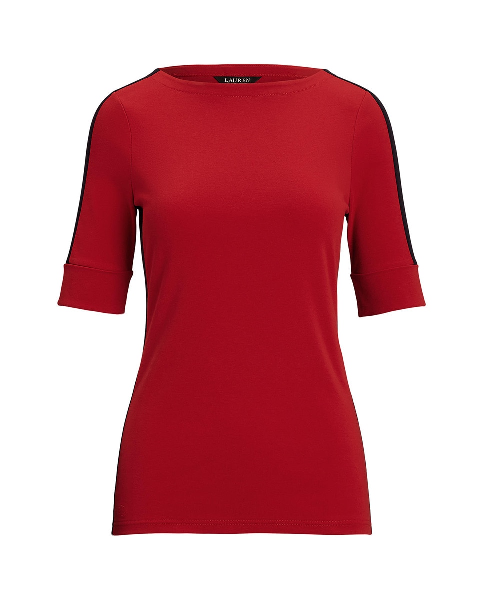 Camisola de malha de algodão com decote à barco Vermelho-5