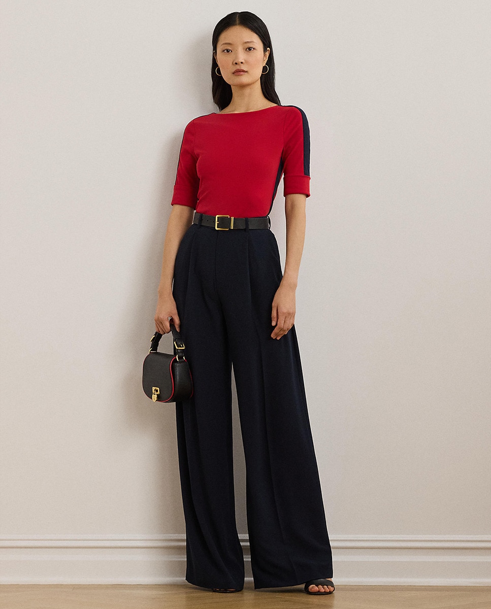 Camisola de malha de algodão com decote à barco Vermelho-6
