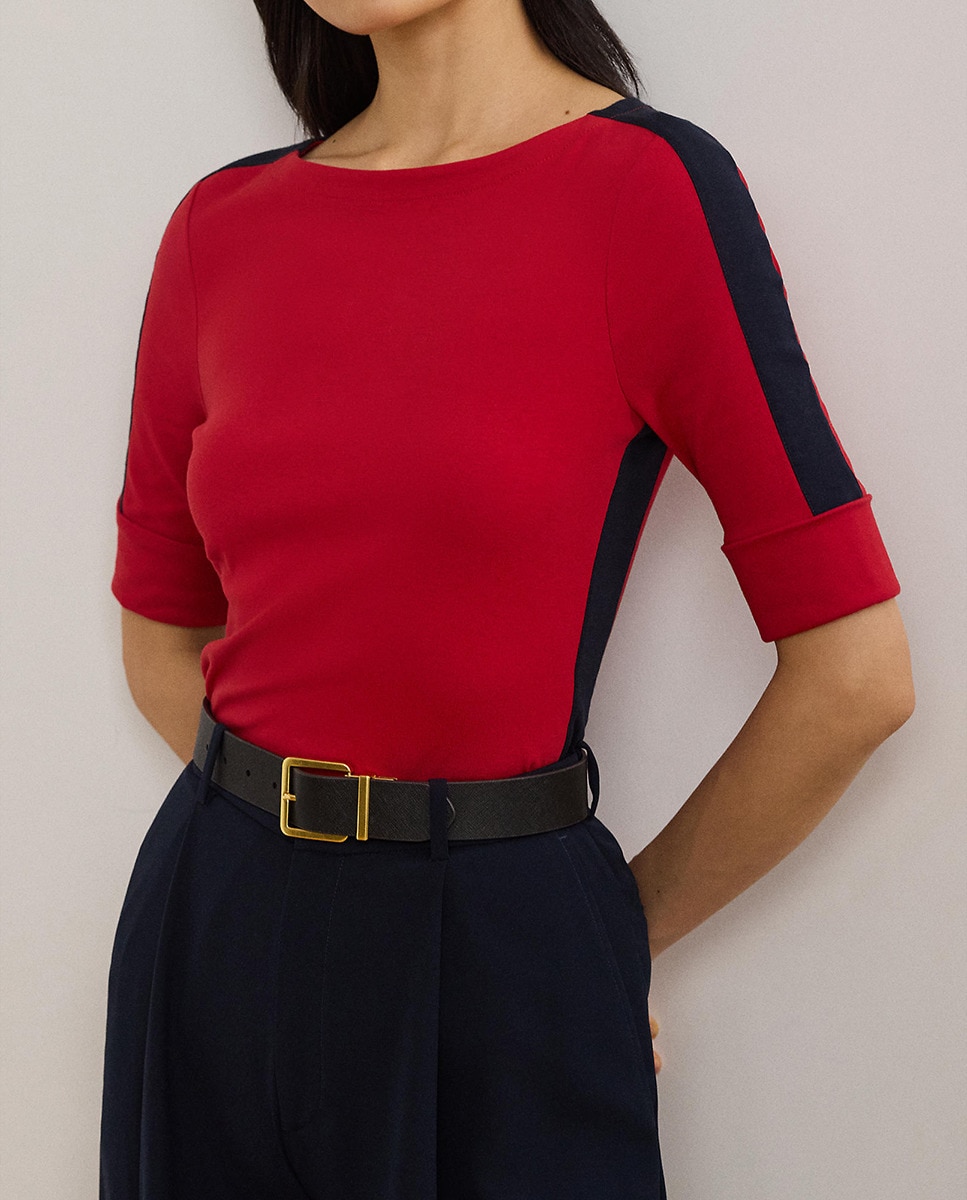 Camisola de malha de algodão com decote à barco Vermelho-4
