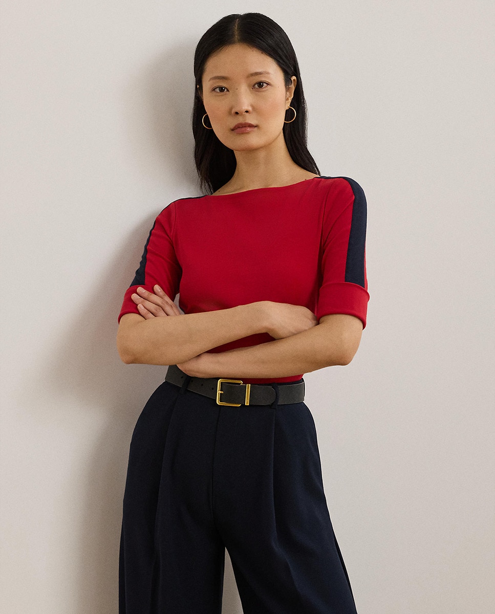 Camisola de malha de algodão com decote à barco Vermelho-1
