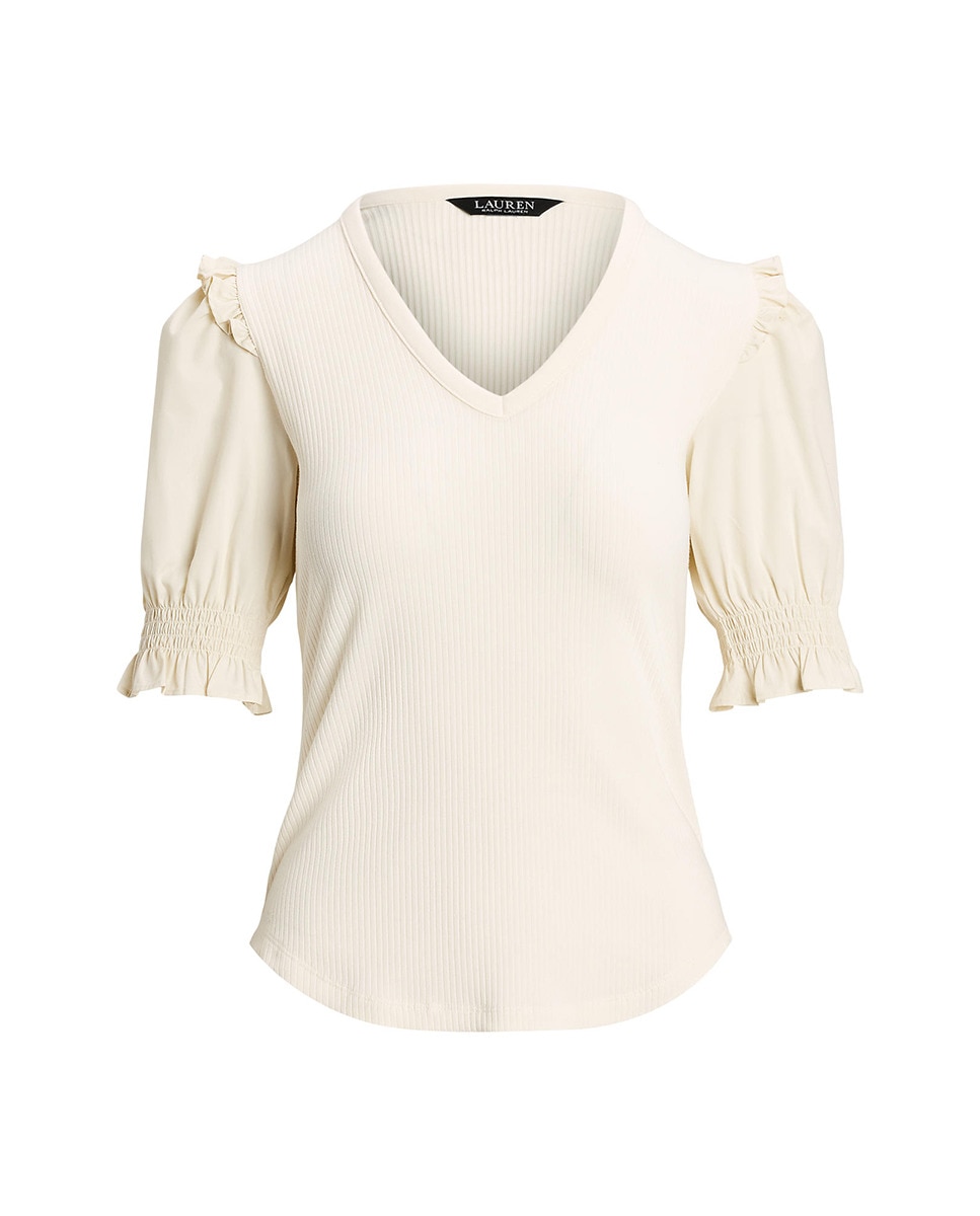 Camisola de Malha com Decote em Bico e Manga em Balão Natural-5