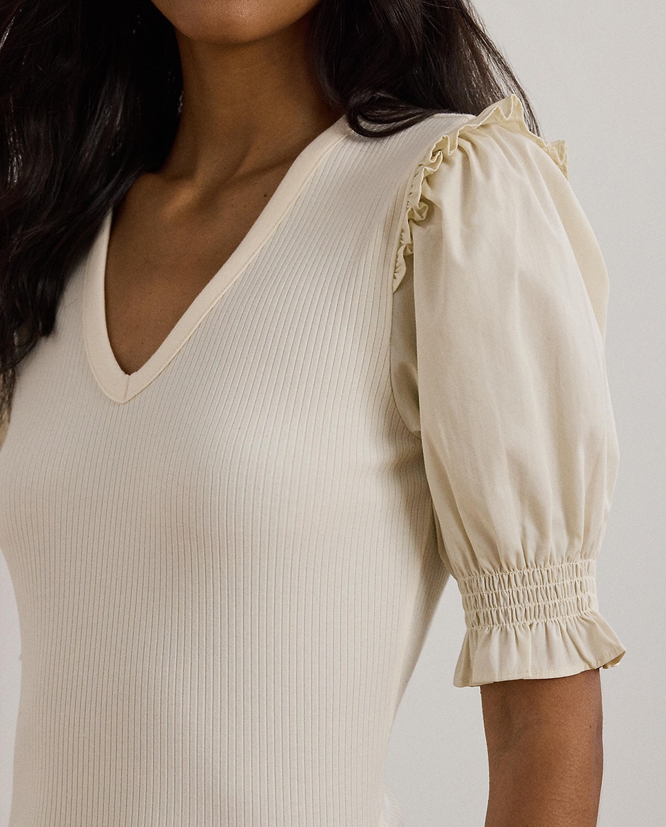 Camisola de Malha com Decote em Bico e Manga em Balão Natural-4