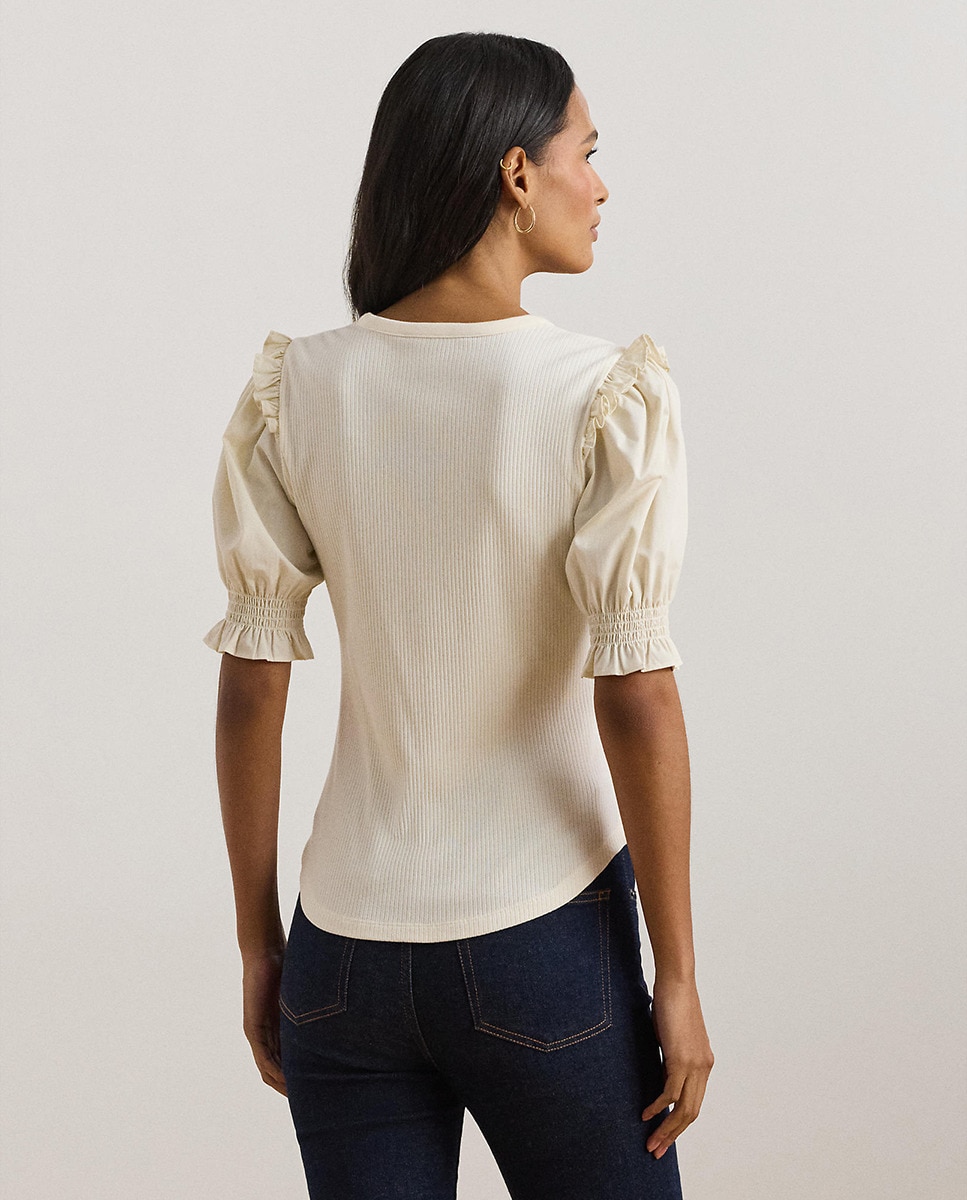 Camisola de Malha com Decote em Bico e Manga em Balão Natural-3