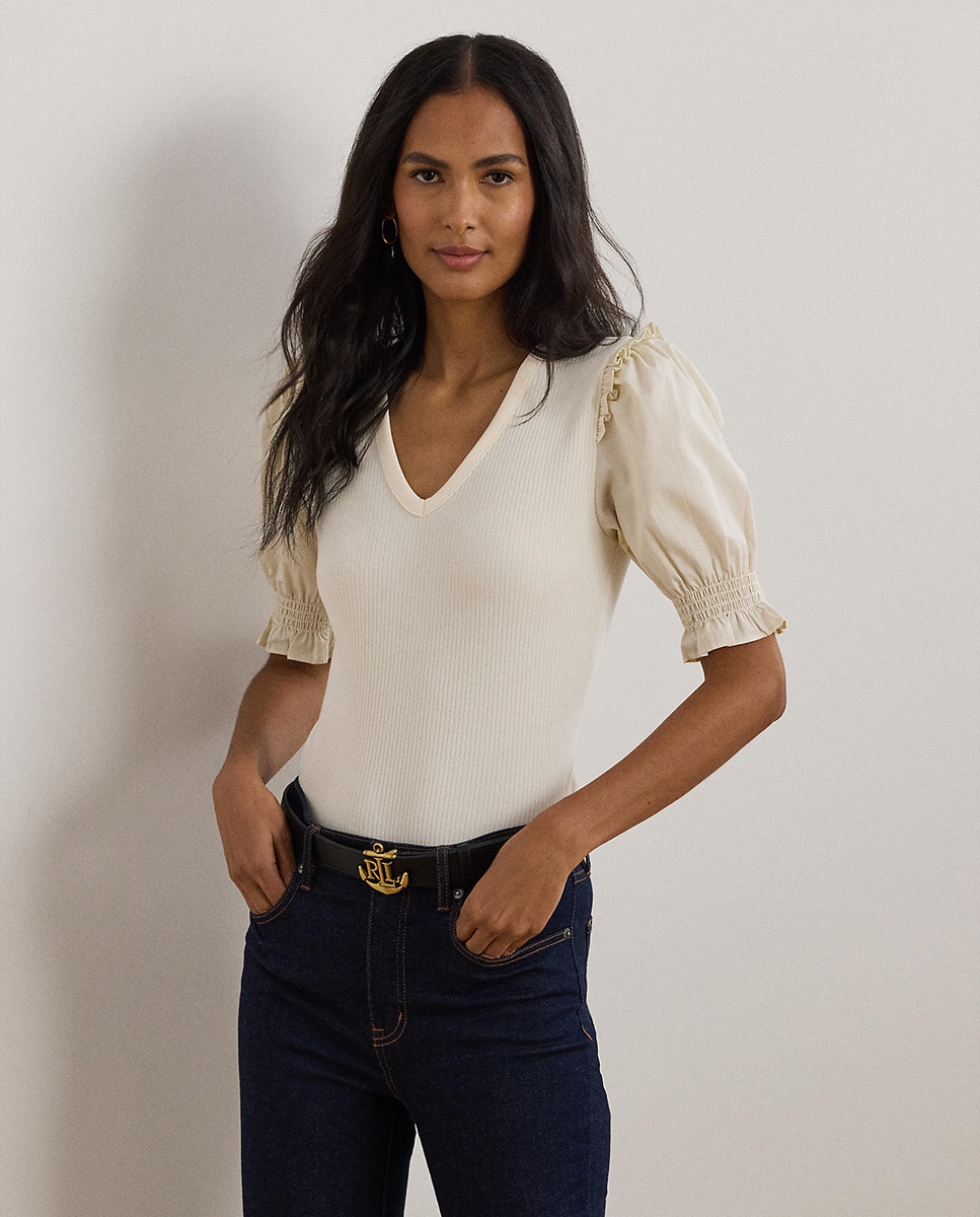 Camisola de Malha com Decote em Bico e Manga em Balão Natural-1